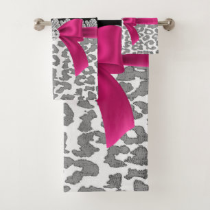 Glam D/Pink Bow-Grey Leopard-Silver Floral Sparkle Bath Towel Set