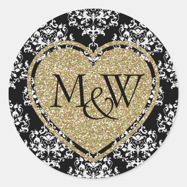 Glam Damask & Gold Glitter Monogram Wedding Classic Round Sticker (Front)