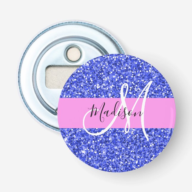 Glam Dark Blue Pink Glitter Sparkles Name Monogram Bottle Opener (Front)