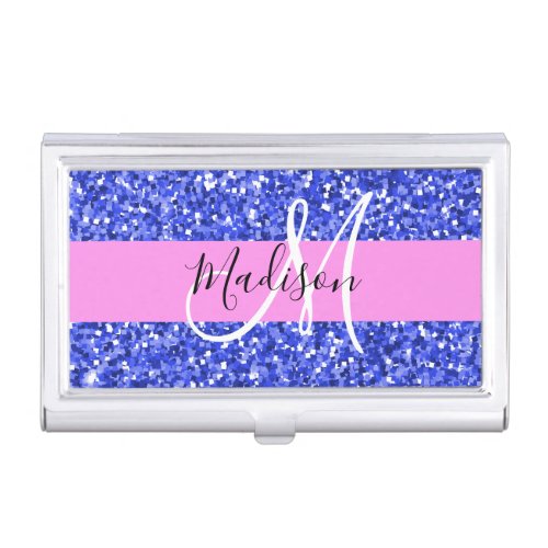 Glam Dark Blue Pink Glitter Sparkles Name Monogram Business Card Case