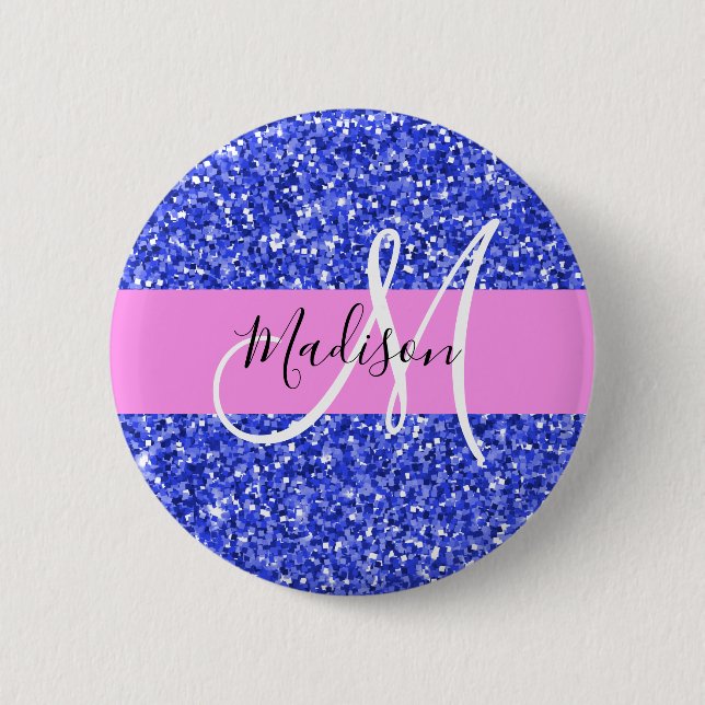 Glam Dark Blue Pink Glitter Sparkles Name Monogram Button (Front)