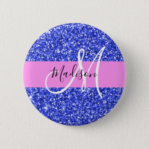 Glam Dark Blue Pink Glitter Sparkles Name Monogram Button