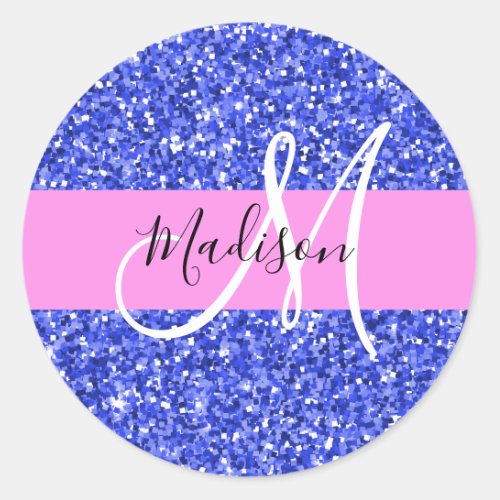 Glam Dark Blue Pink Glitter Sparkles Name Monogram Classic Round Sticker