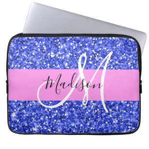 Glam Dark Blue Pink Glitter Sparkles Name Monogram Laptop Sleeve