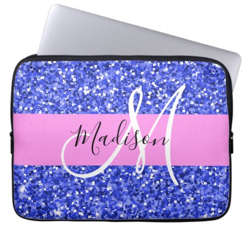 Glam Dark Blue Pink Glitter Sparkles Name Monogram Laptop Sleeve