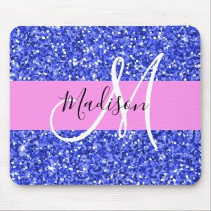 Glam Dark Blue Pink Glitter Sparkles Name Monogram Mouse Pad