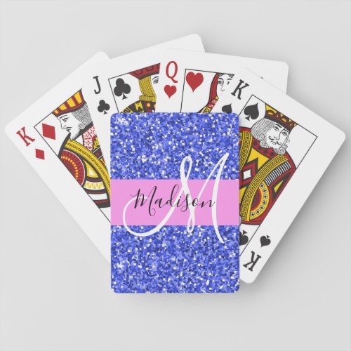 Glam Dark Blue Pink Glitter Sparkles Name Monogram Poker Cards