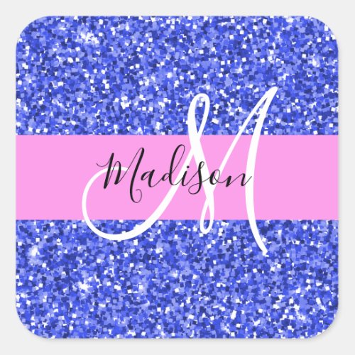 Glam Dark Blue Pink Glitter Sparkles Name Monogram Square Sticker
