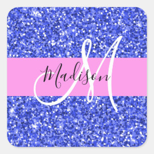 Glam Dark Blue Pink Glitter Sparkles Name Monogram Square Sticker