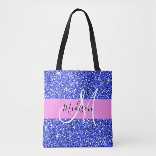 Glam Dark Blue Pink Glitter Sparkles Name Monogram Tote Bag