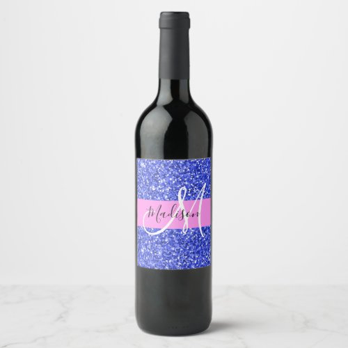 Glam Dark Blue Pink Glitter Sparkles Name Monogram Wine Label