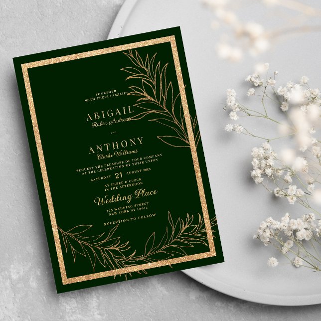 Glam dark green gold glitter leaf floral Wedding Invitation (Glam dark green gold glitter leaf floral Wedding)