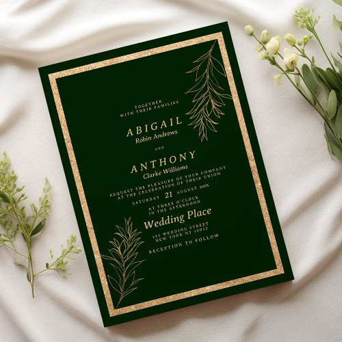 Glam dark green gold glitter leaf floral Wedding Invitation