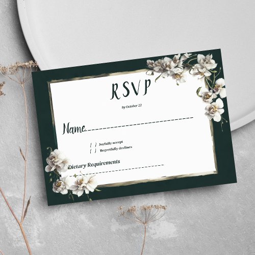 Glam dark green gold white orchid flower RSVP Invitation