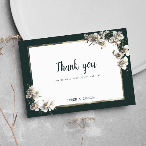 Glam dark green gold white orchid flower Thank You Invitation