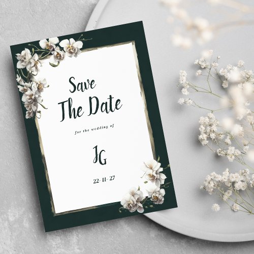 Glam dark green gold white orchid Save The Date Invitation