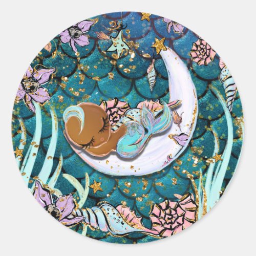 Glam Dark Mermaid Gold Glitter Boys Baby Shower Classic Round Sticker