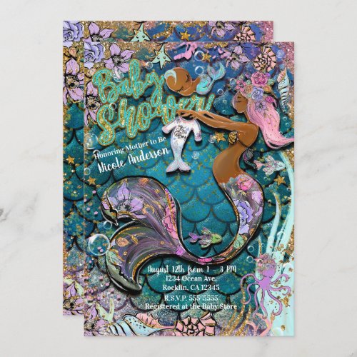 Glam Dark Mermaid Gold Glitter Boys Baby Shower Invitation