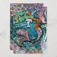 Glam Dark Mermaid Gold Glitter Boys Baby Shower Invitation