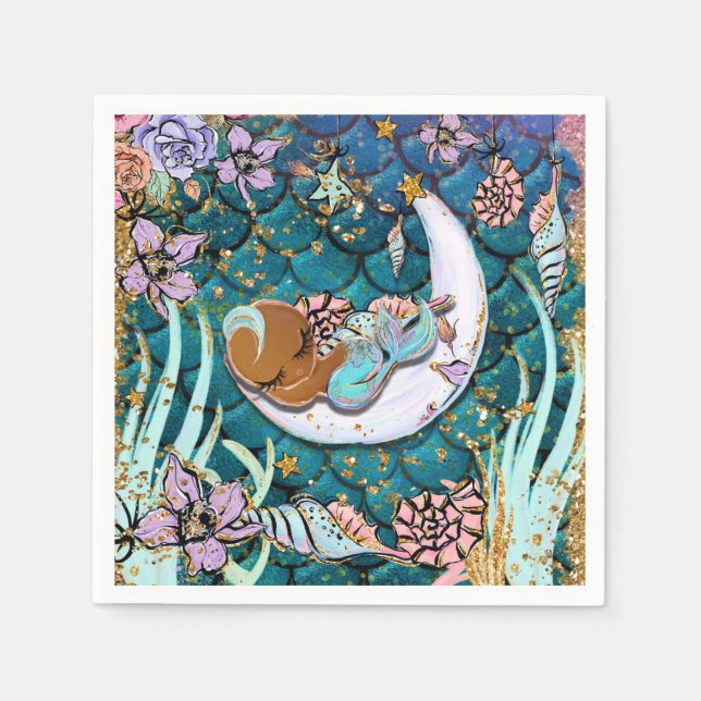Glam Dark Mermaid Gold Glitter Boys Baby Shower Napkins (Front)