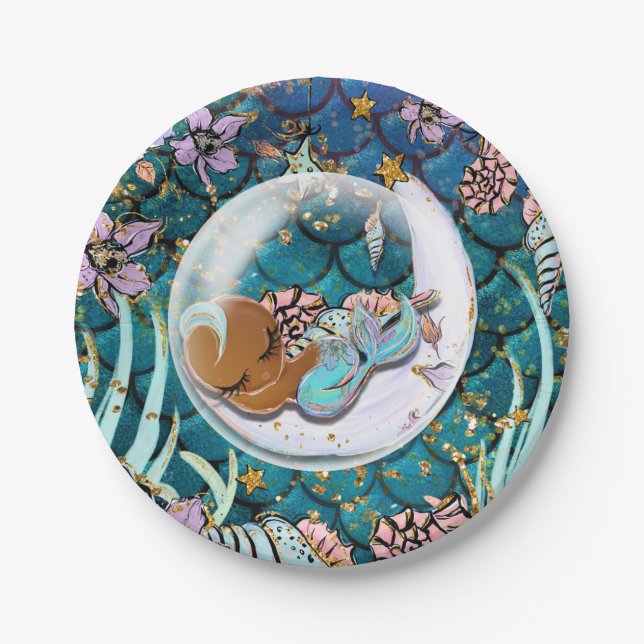 Glam Dark Mermaid Gold Glitter Boys Baby Shower Paper Plates (Front)