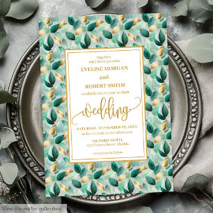 Glam Deep Green Gold Leaves Wedding Invitation