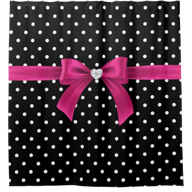 Glam Deep Pink Bow-White Polka Dots-Black Shower Curtain (Front)