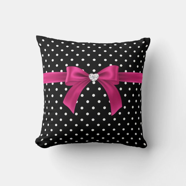 Glam Deep Pink Bow-White Polka Dots-Black Throw Pillow (Front)