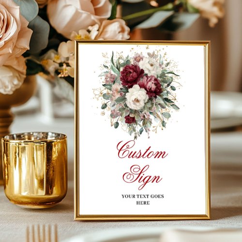 Glam Deep Red Flowers Eucalyptus Gold Custom Sign