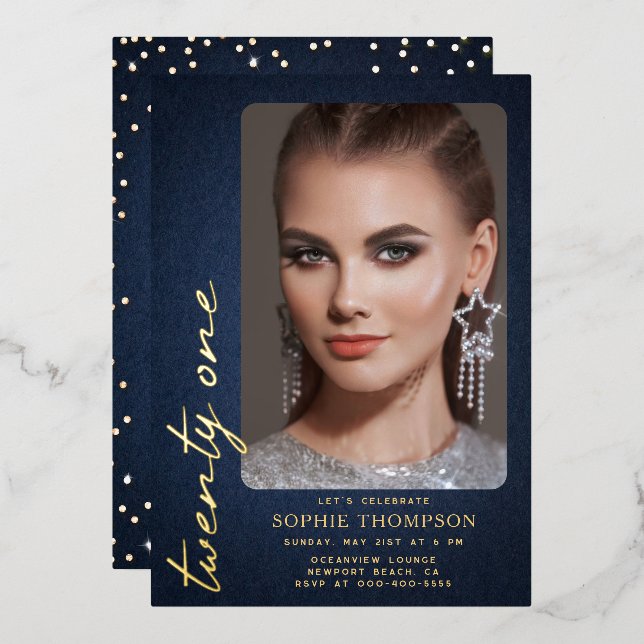 Glam Denim Diamonds Blue Gold 21st Birthday Photo Foil Invitation (Front/Back)