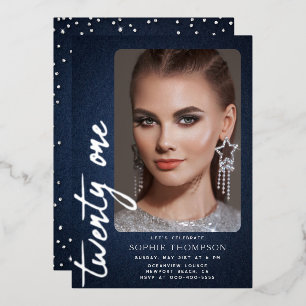 Glam Denim Diamonds Blue Jeans 21st Birthday Photo Foil Invitation
