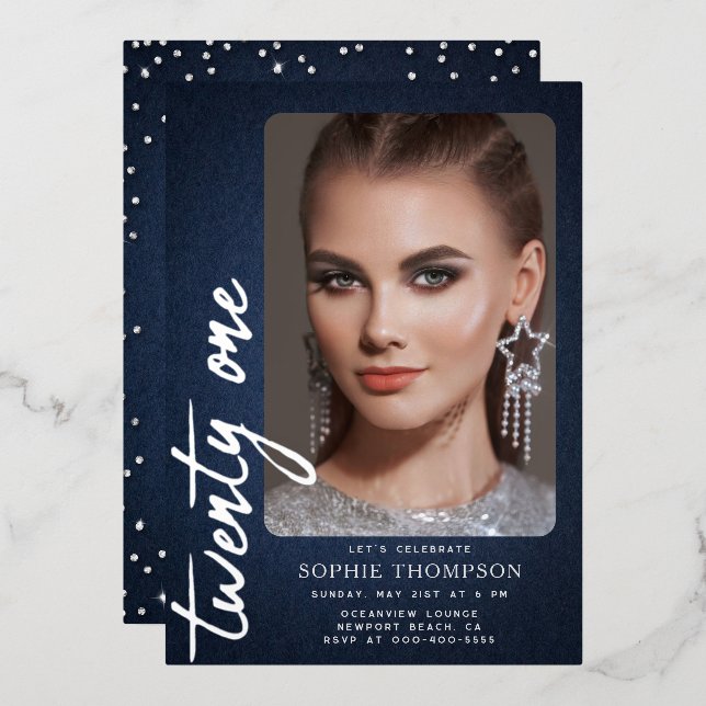 Glam Denim Diamonds Blue Jeans 21st Birthday Photo Foil Invitation (Front/Back)