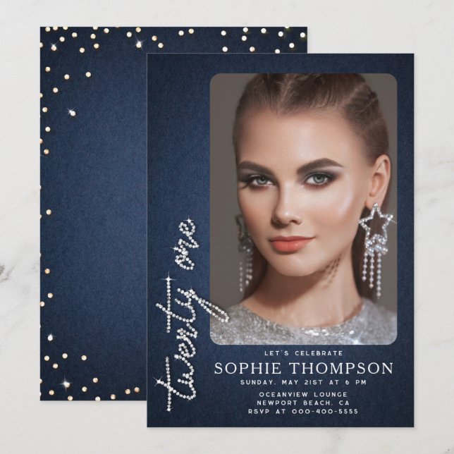 Glam Denim Diamonds Blue White 21st Birthday Photo Invitation (Front/Back)
