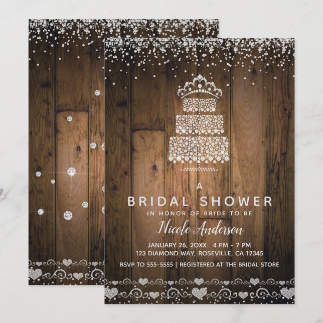 Glam Diamond Bling Cake Tiara & Wood Bridal Shower Invitation (Front/Back)