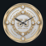 Glam Diamond & Gold Frame 50th Wedding Anniversary Large Clock<br><div class="desc">Glam sparkling white diamond set in gold swirly frame,  50th wedding anniversary commemorative wall clock.
Customizable text in changeable gold font color.
Images of diamonds and gold was created with text to image generator.</div>