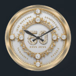 Glam Diamond & Gold Frame 50th Wedding Anniversary Large Clock<br><div class="desc">Glam sparkling white diamond set in gold swirly frame,  50th wedding anniversary commemorative wall clock.
Customizable text in changeable gold font color.
Images of diamonds and gold was created with text to image generator.</div>