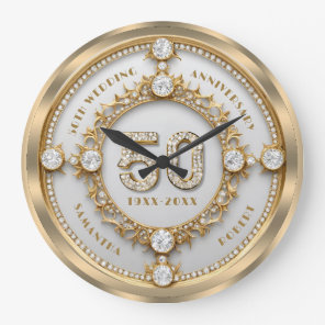 Glam Diamond & Gold Frame 50th Wedding Anniversary Large Clock