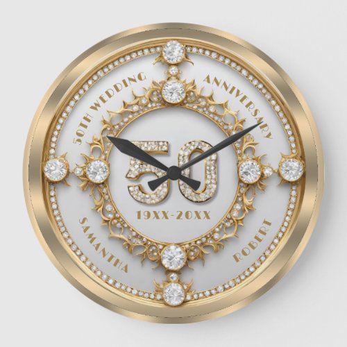 Glam Diamond  Gold Frame 50th Wedding Anniversary Large Clock