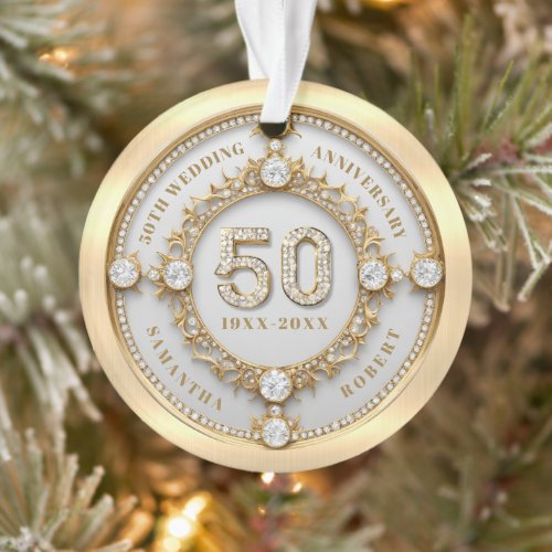 Glam Diamond  Gold Frame 50th Wedding Anniversary Ornament