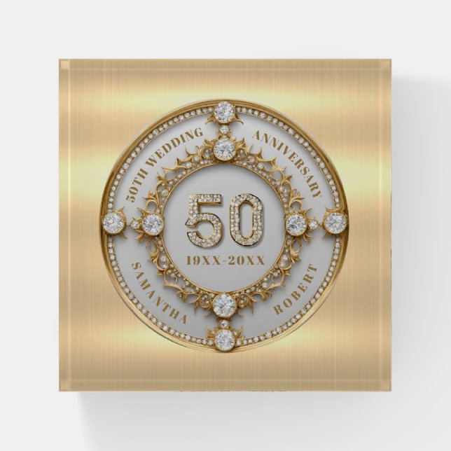 Glam Diamond & Gold Frame 50th Wedding Anniversary Paperweight (Front)