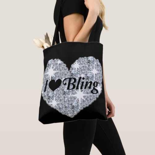Glam diamond heart I love bling print on black Tote Bag
