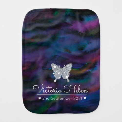 Glam diamond sparkle butterfly on smokey purples baby burp cloth