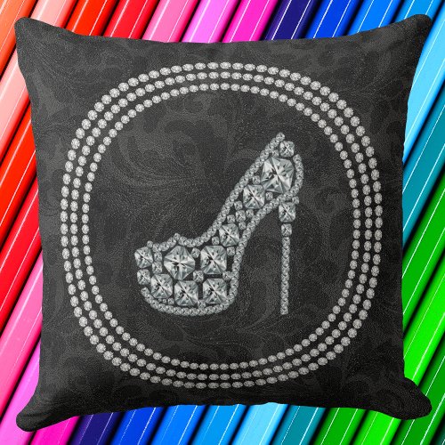 Glam Diamond Stiletto Shoe On Black Damask Throw Pillow