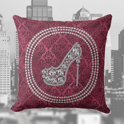 Glam Diamond Stiletto Shoe On Burgundy Damask Throw Pillow