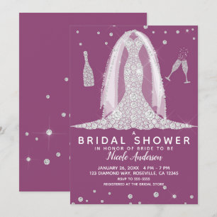 Glam Diamond Wedding Dress Berry Bridal Shower Invitation