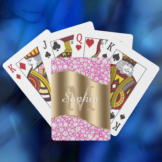 Glam Diamonds Fuchsia, Gold Monogram, Script Name Poker Cards (Creator Uploaded)