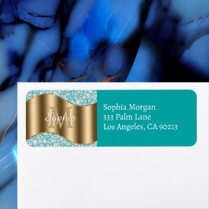 Glam Diamonds, Gold Monogram, Deep Teal Address  Label