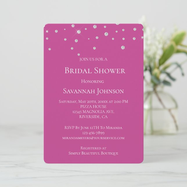 Glam Diamonds Jewel Pink Bridal Shower Invitation (Standing Front)