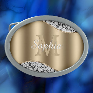 Glam Diamonds on Black, Gold Monogram, Script Name Belt Buckle