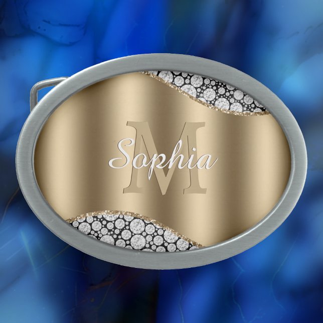 Glam Diamonds on Black, Gold Monogram, Script Name Belt Buckle (Creator Uploaded)